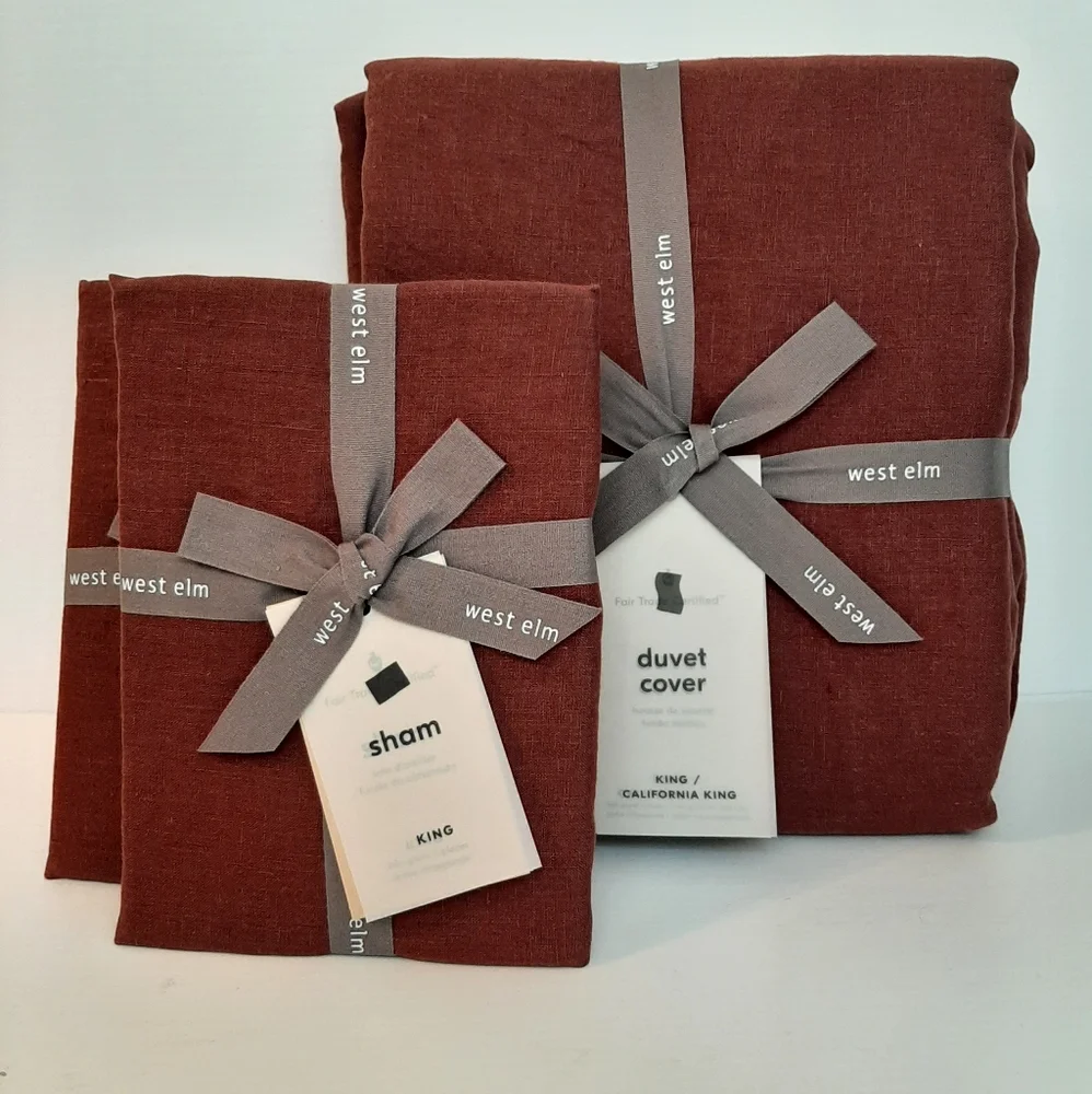 West Elm European Flax Linen King Duvet Cover & 2 King Shams Currant Red
